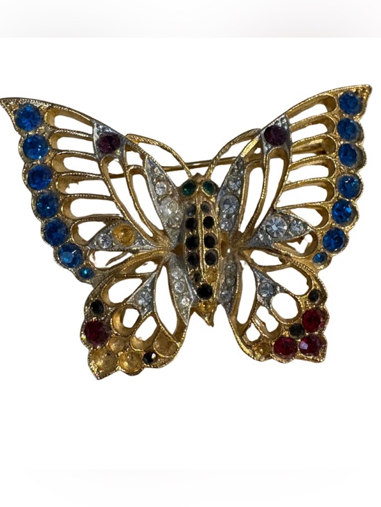 Jewelry - Vintage Signed Butterfly Brooch – Multi-Color Rhinestones, Gold Tone